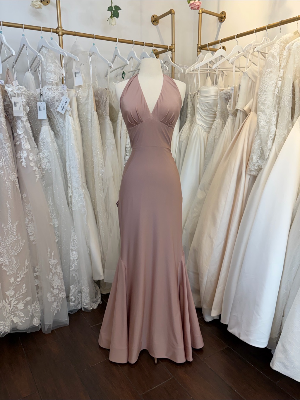 Bari Jay Dusty Rose Halter Mermaid Gown